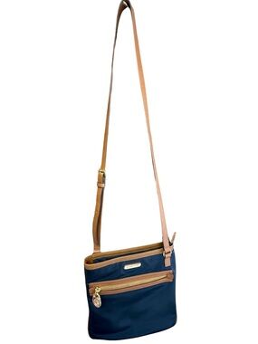 Michael Kors Kempton Navy blue nylon &  brown leather trim Crossbody Bag purse